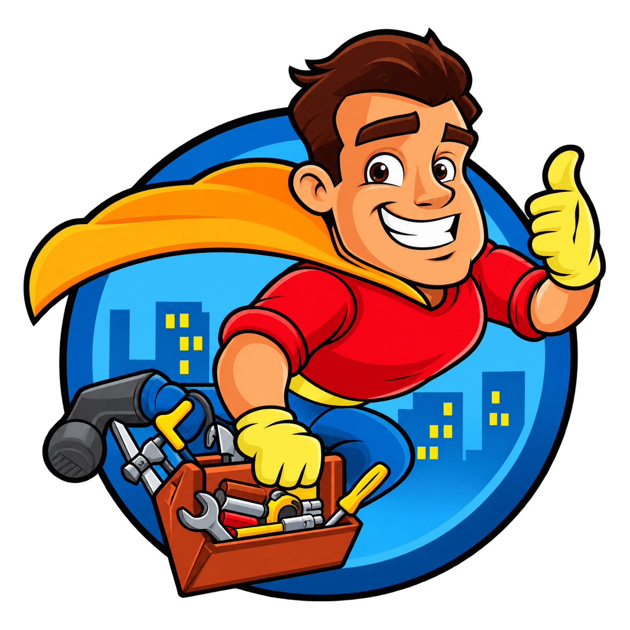 Handy Hero mascot in a red shirt, yellow cape and gloves, blue pants, carrying a brown toolbox.