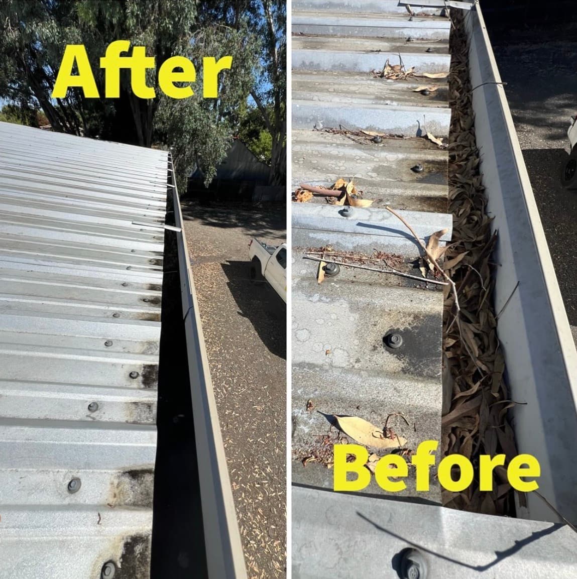 Before and after collage of a gutter cleaning, showing leaves in the gutter and the cleaned metal surface.
