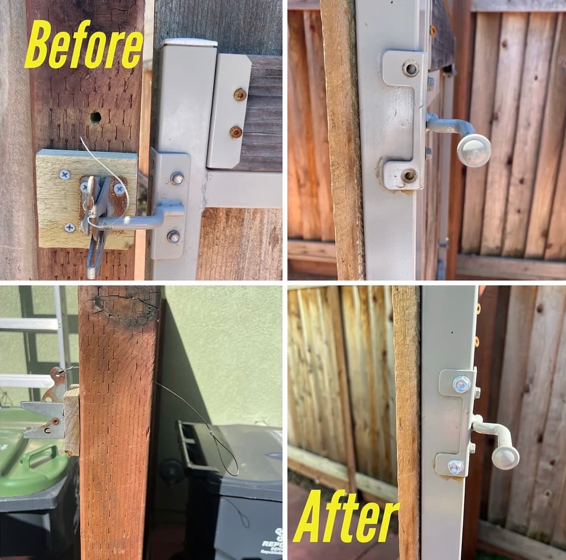 Before and after collage of a repaired gate latch and hardware on a wooden gate.